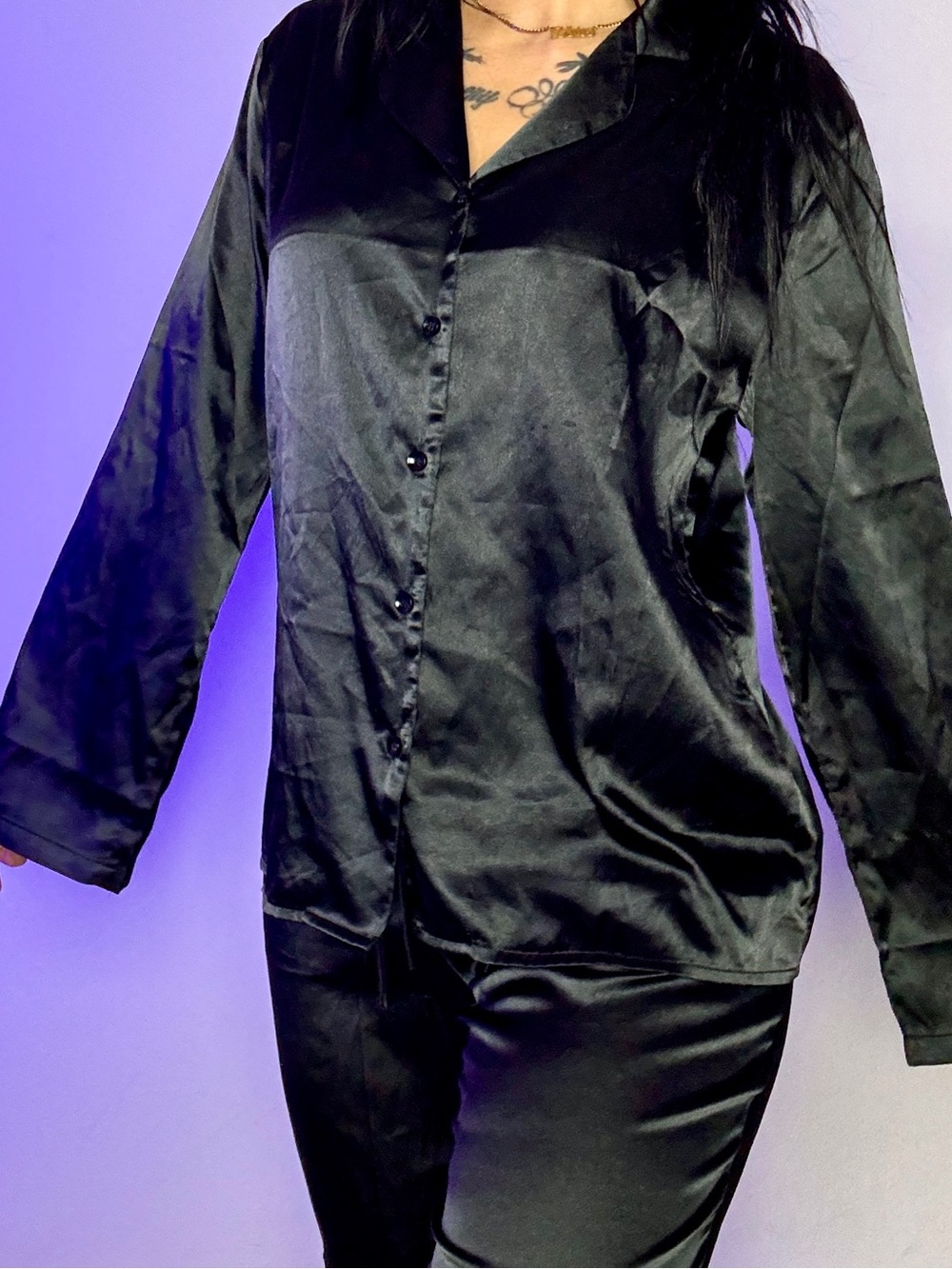Women's Black Satin Pajama top and bottom size small